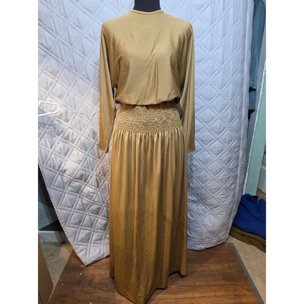 Miss Elliette California Vintage Metallic Tan Smocked Waist Maxi Dress Dolman